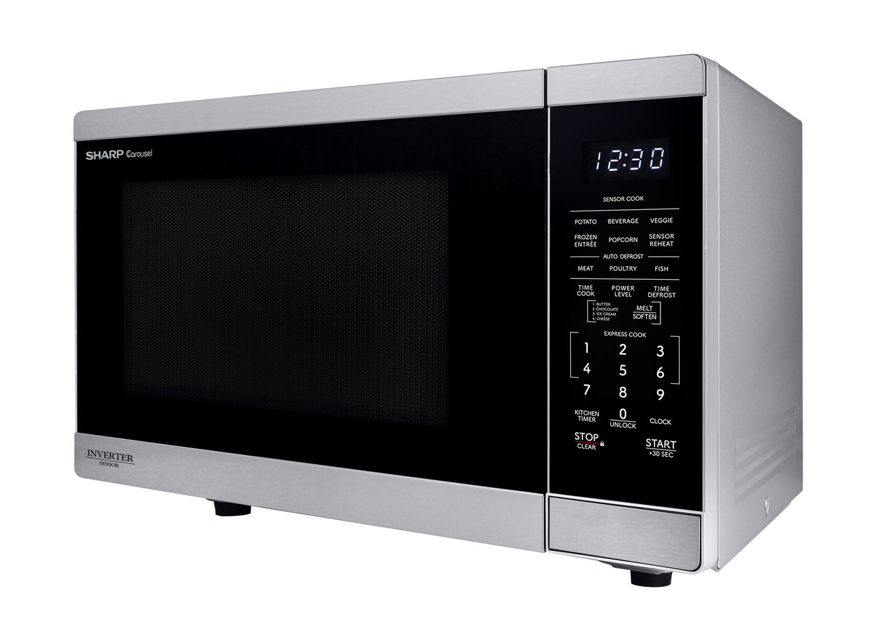 Sharp 1.4 cu. ft. 1100W Stainless Steel Countertop Microwave Oven with Inverter Technology (SMC1465KM) drama angle