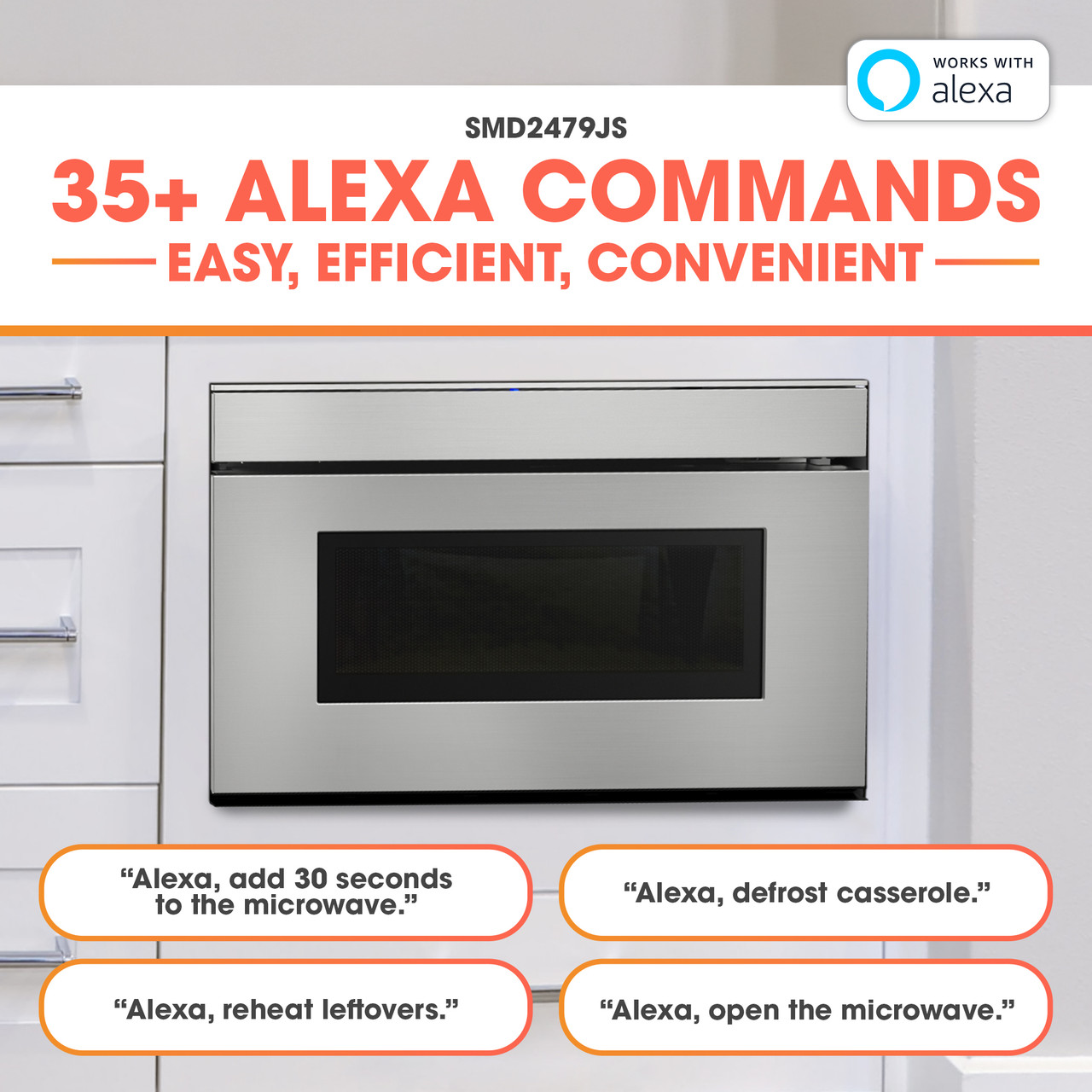 24 in. Smart Microwave Drawer Oven (SMD2479JS) Alexa Commands Infographic