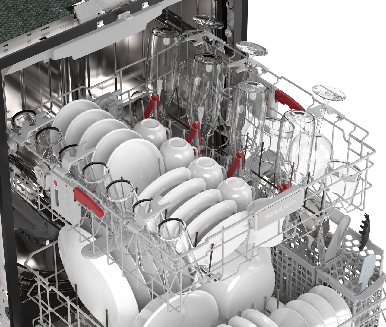 Sharp 24 in. Stainless Steel Dishwasher (SDW6768SMS) Upper Rack with Dishes