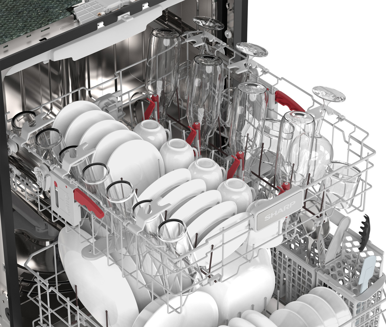 Sharp 24 in. Stainless Steel Dishwasher (SDY6768SMS) Upper Rack with Dishes