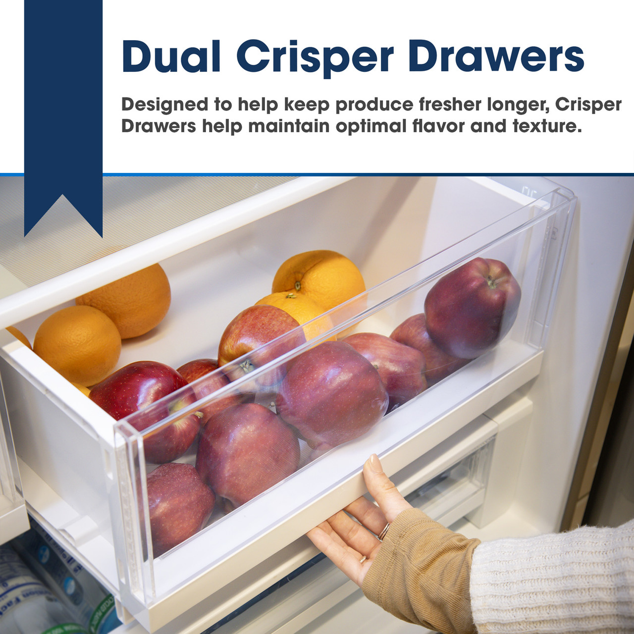 26.5 cu.ft. Counter Depth 36 in. French 3-Door Refrigerator with Internal Water Dispenser in Stainless Steel (SJF2752MS) Dual Crisper Drawer Infographic