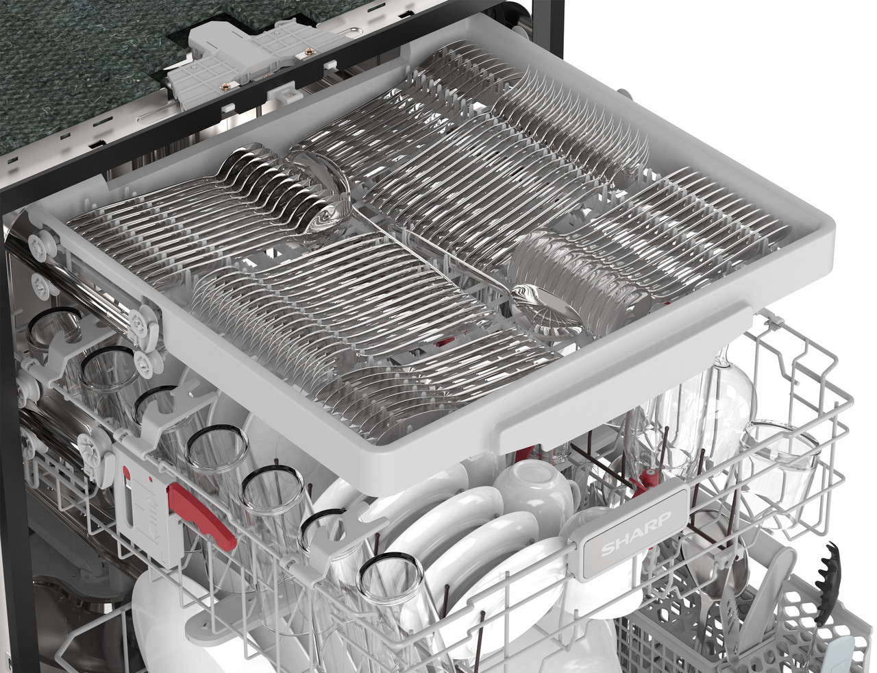 Sharp 24 in. Stainless Steel Dishwasher (SDW6768SMS) Third Rack with Dishes