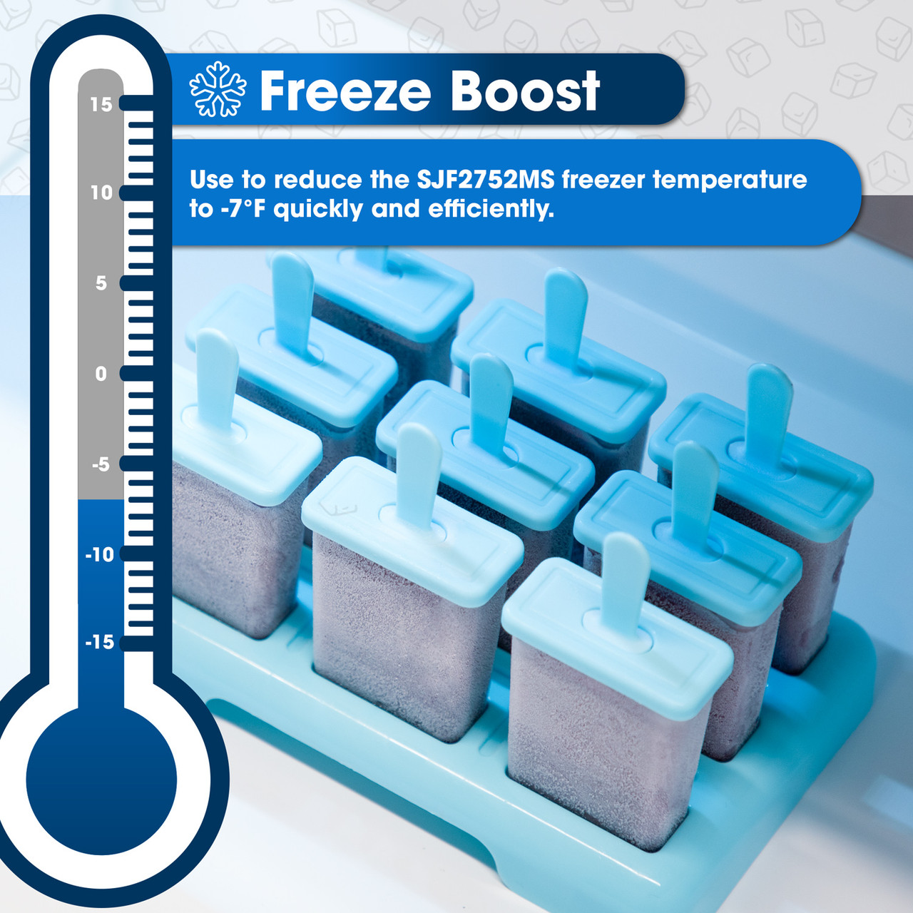 26.5 cu.ft. Counter Depth 36 in. French 3-Door Refrigerator with Internal Water Dispenser in Stainless Steel (SJF2752MS) Freeze Boost Infographic