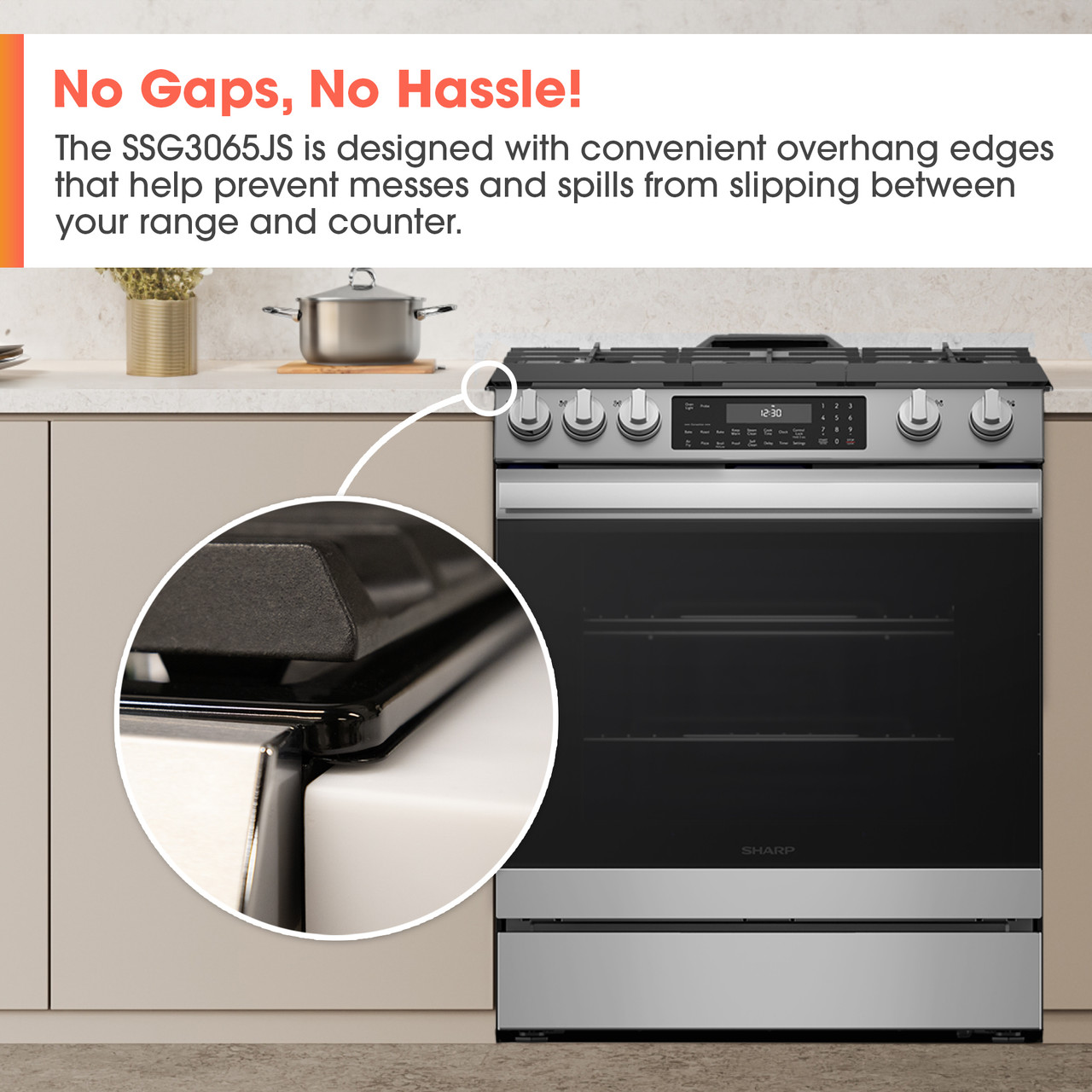 Slide-In Range with Air Fry (SSG3065JS) Overhang Edges Infographic