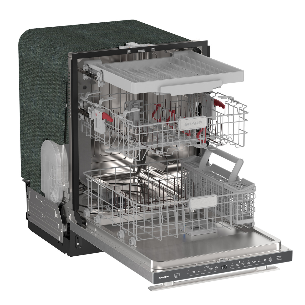 Sharp 24 in. Stainless Steel Dishwasher (SDY6768SMS) 3-Quarter-Right Opened