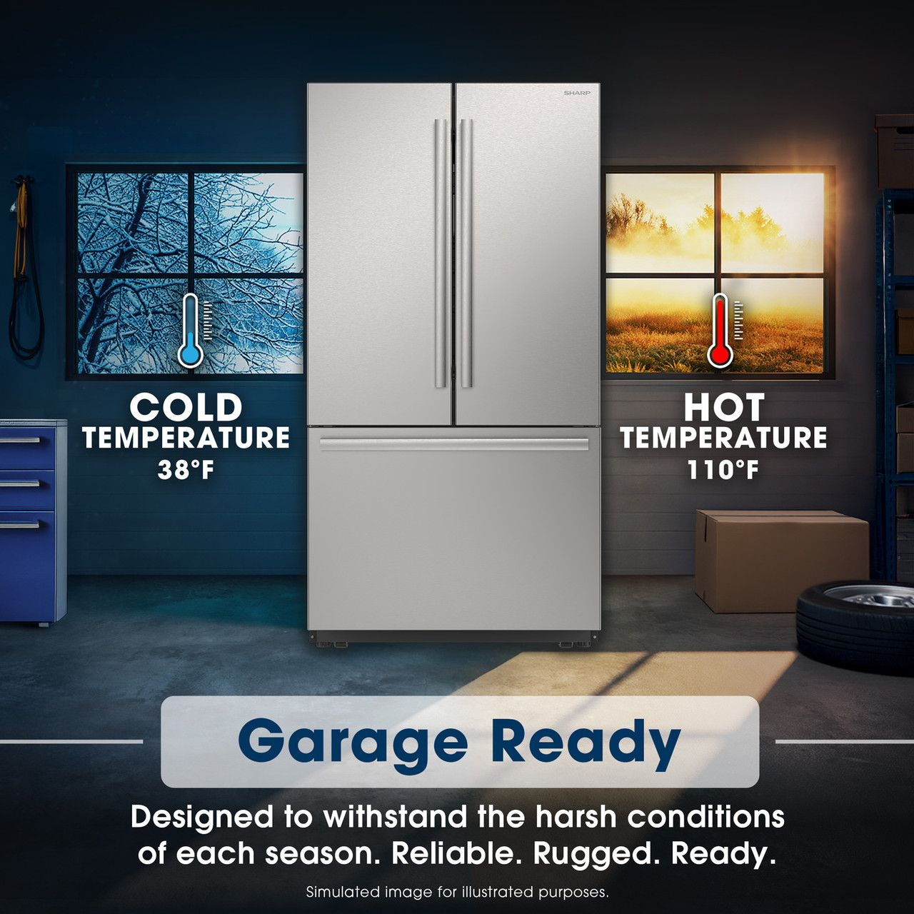 26.5 cu.ft. Counter Depth 36 in. French 3-Door Refrigerator with Internal Water Dispenser in Stainless Steel (SJF2752MS) Garage Ready Infographic