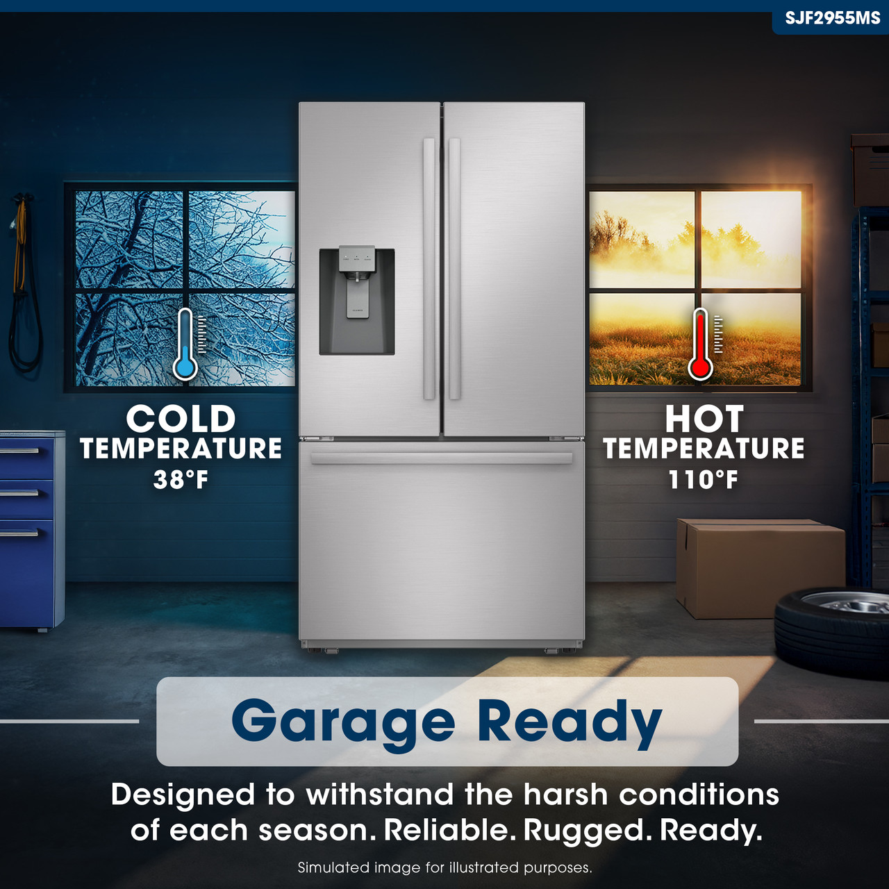 28.9 cu.ft. French 3-Door 36 in. Width Standard Depth Refrigerator with Water Dispenser in Stainless Steel (SJF2955MS) Garage Ready