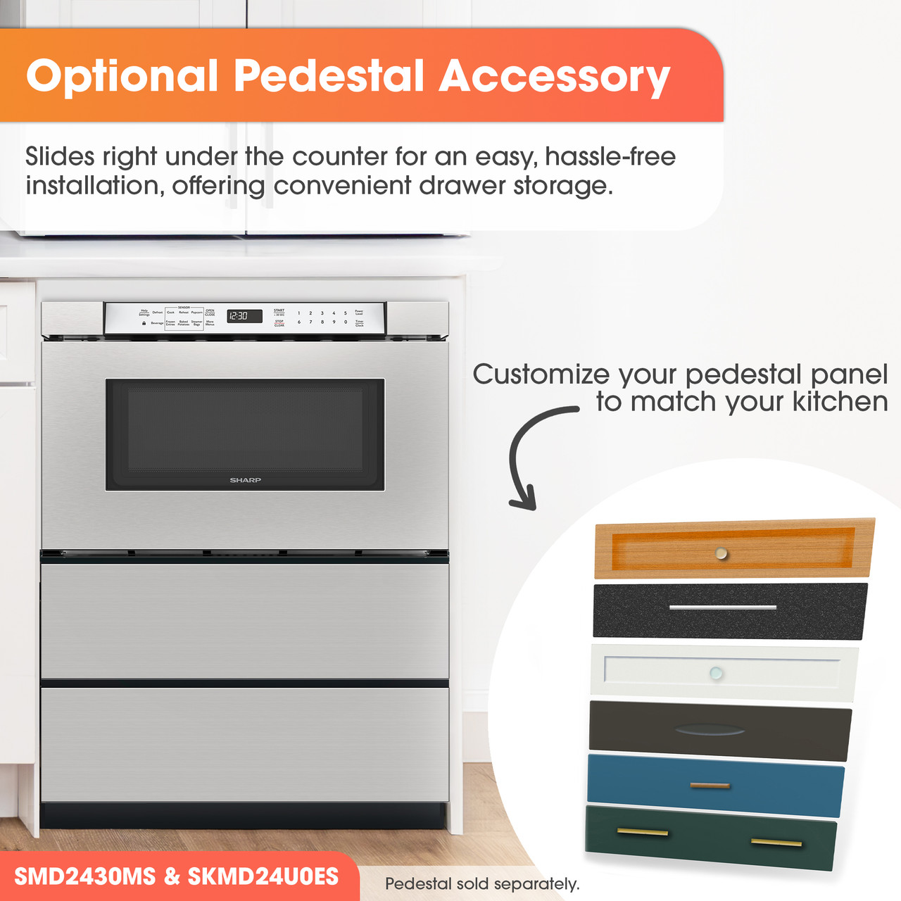 24 in. Built-In Stainless Steel Microwave Drawer Oven (SMD2430MS) Pedestal infographic