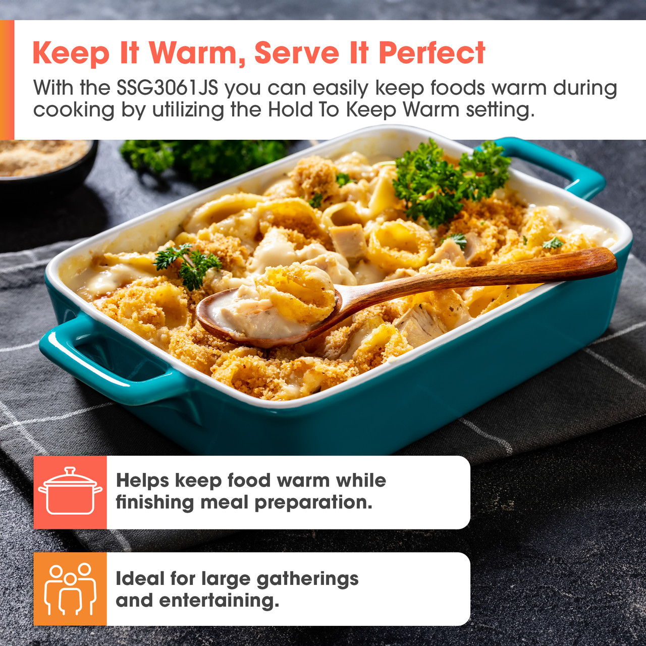Slide-In Range with Air Fry (SSG3061JS) Hold to Keep Warm Infographic