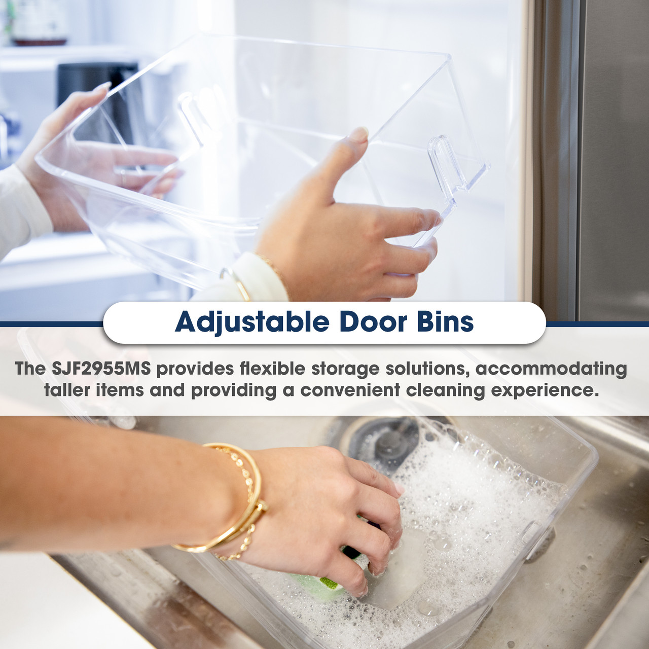 28.9 cu.ft. French 3-Door 36 in. Width Standard Depth Refrigerator with Water Dispenser in Stainless Steel (SJF2955MS) Adjustable Door Bins