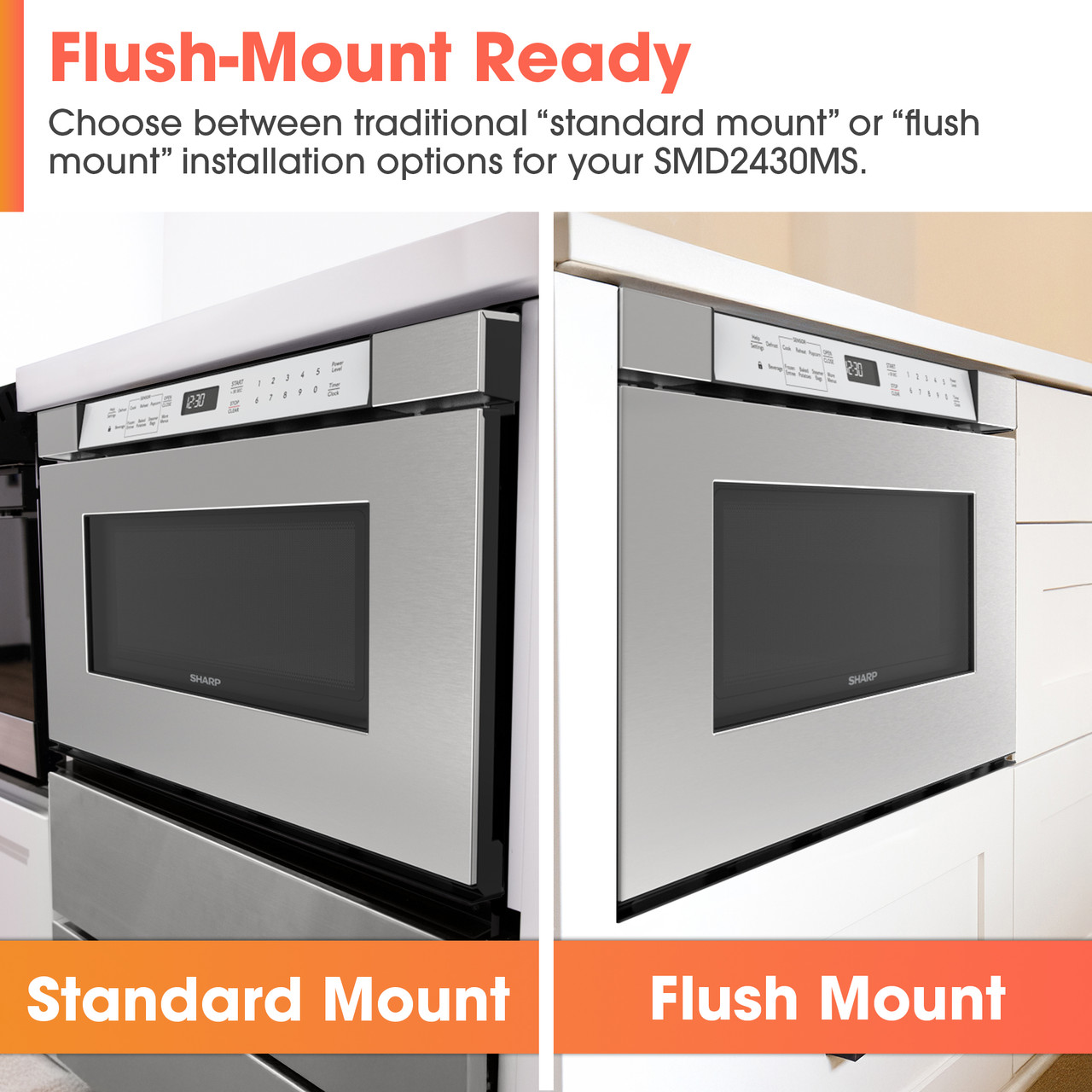 24 in. Built-In Stainless Steel Microwave Drawer Oven (SMD2430MS) Flush and standard mount infographic