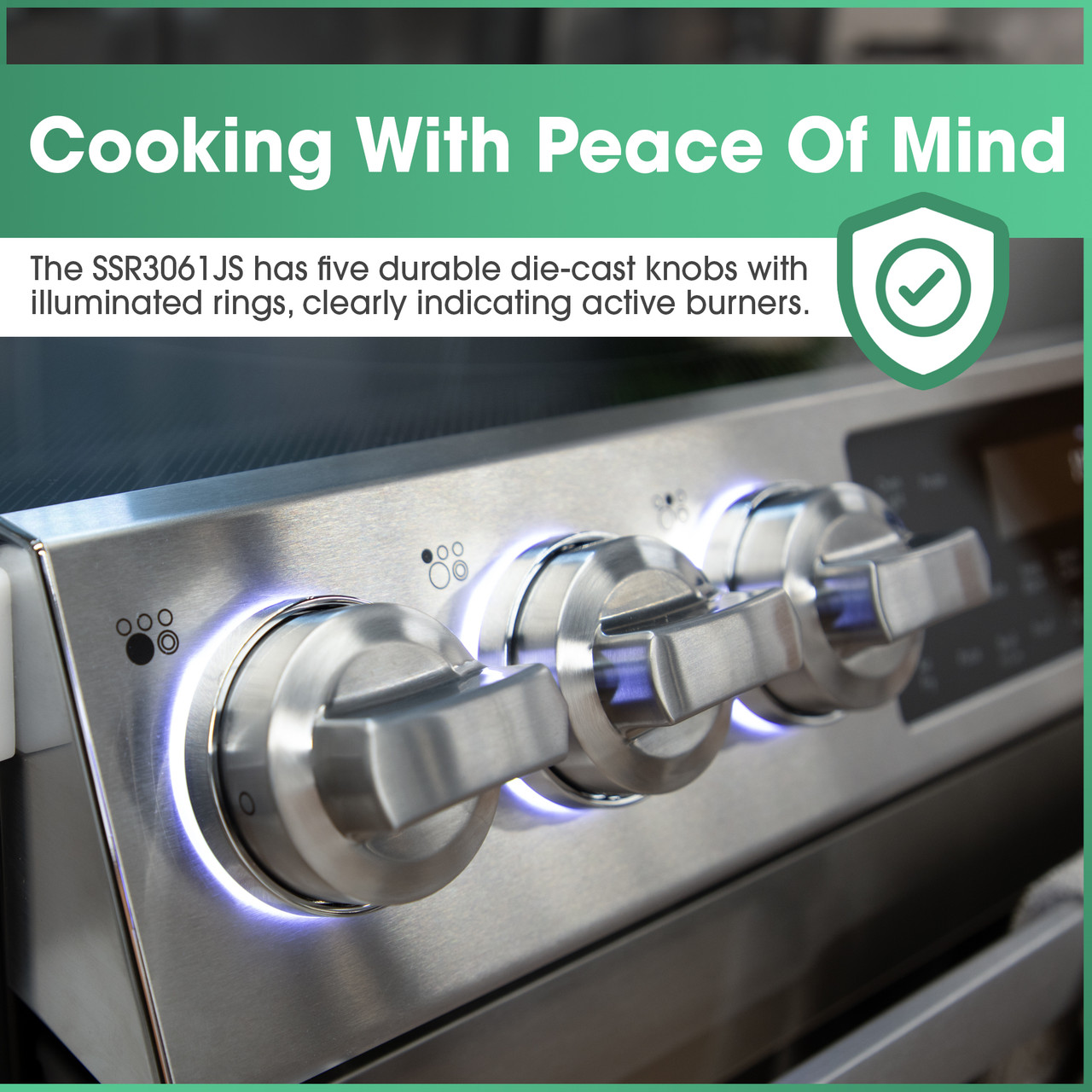 Slide-In Range with Air Fry (SSR3061JS) Illuminated Knobs Infographic