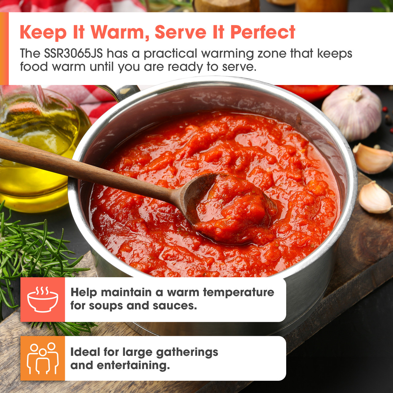 Slide-In Range with Air Fry (SSR3065JS) Warming Zone Infographic