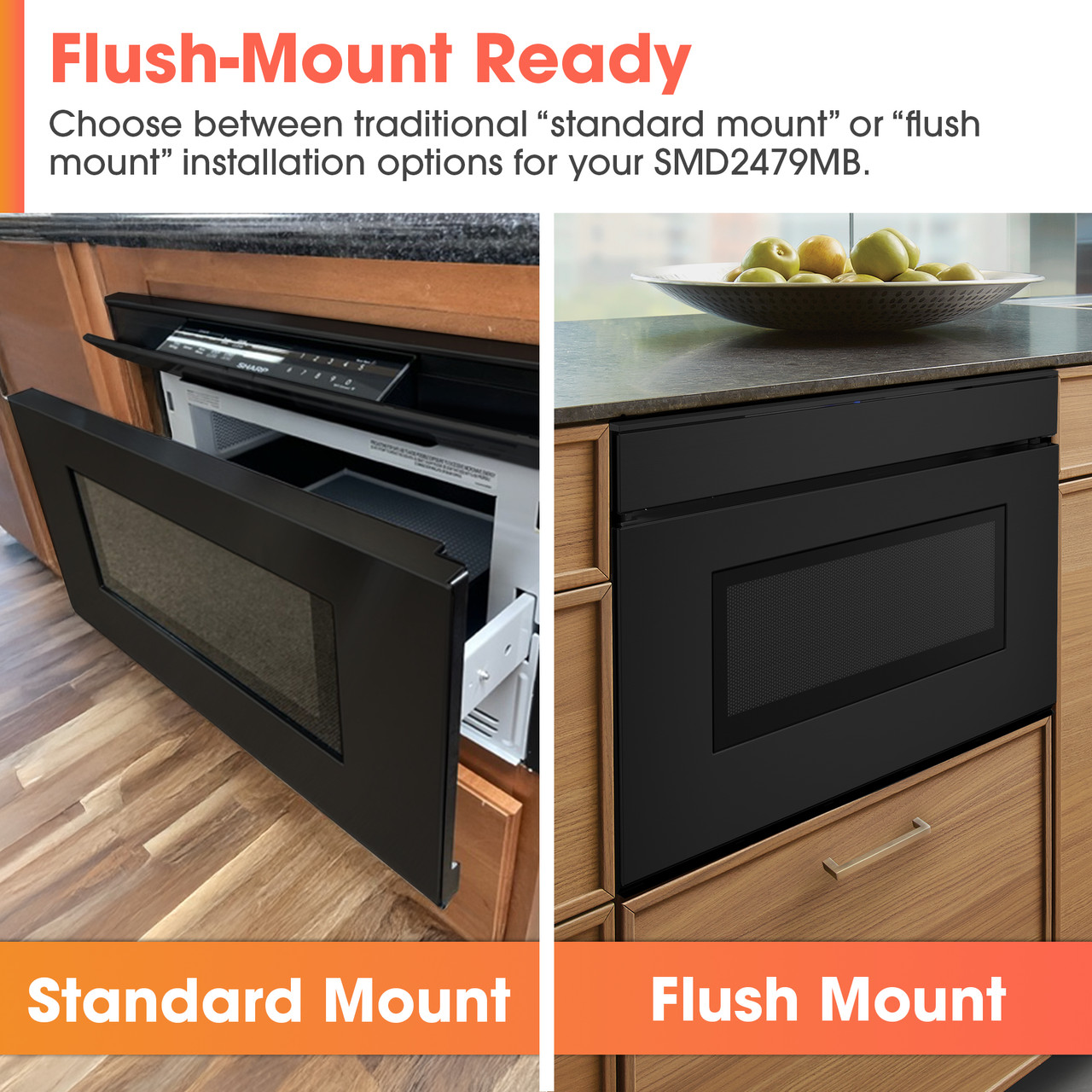 24 in. Smart Microwave Drawer Oven (SMD2479MB) Standard & Flush Mount Installations Infographic
