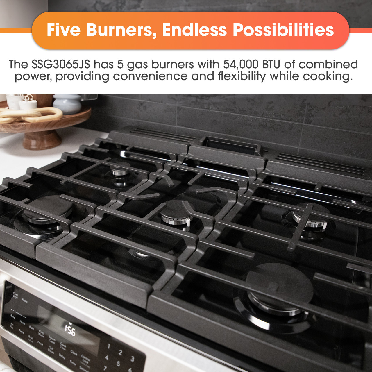 Slide-In Range with Air Fry (SSG3065JS) Five Gas Burners Infographic