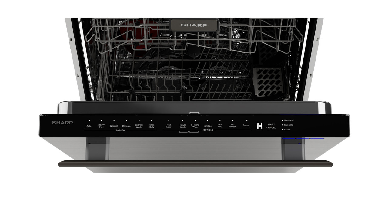 Sharp 24 in. Stainless Steel Dishwasher (SDW6757ES) – viewed from the front with door open