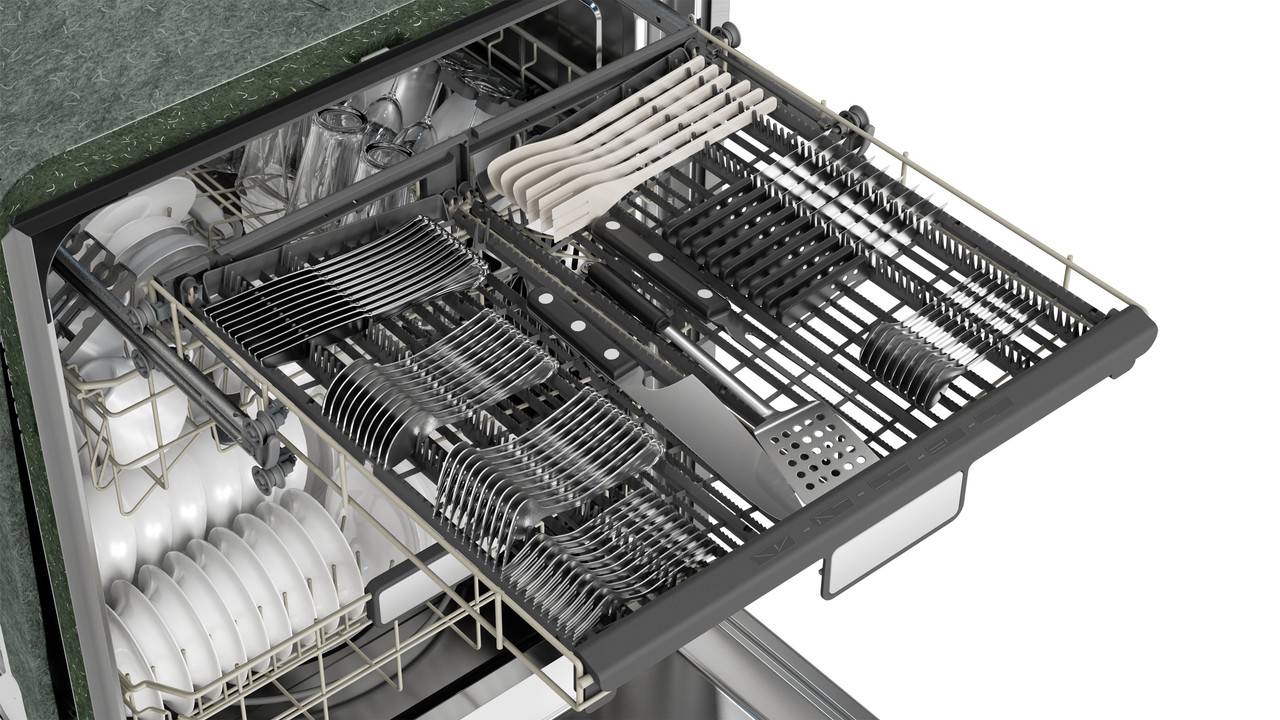 Sharp 24 in. Stainless Steel Dishwasher (SDW6757ES) –  top rack extended filled with dishes