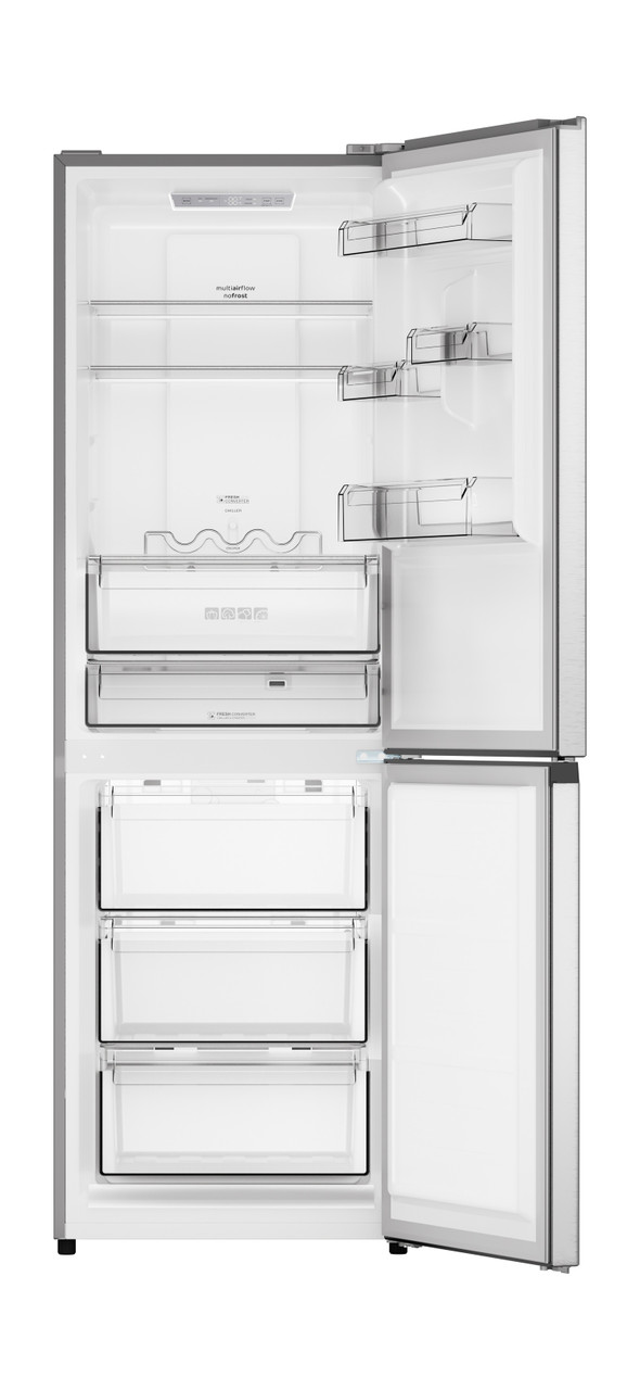 Sharp 24 in. Bottom-Freezer Counter-Depth Refrigerator (SJB1255GS) Head On, Refrigerator and Freezer Door Open