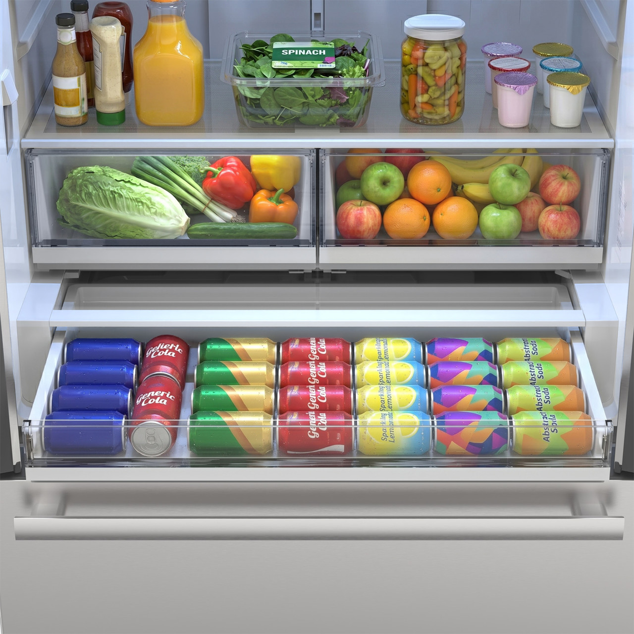 26.5 cu.ft. Counter Depth 36 in. French 3-Door Refrigerator with Internal Water Dispenser in Stainless Steel (SJF2752MS) Full Width Pantry Drawer with Food