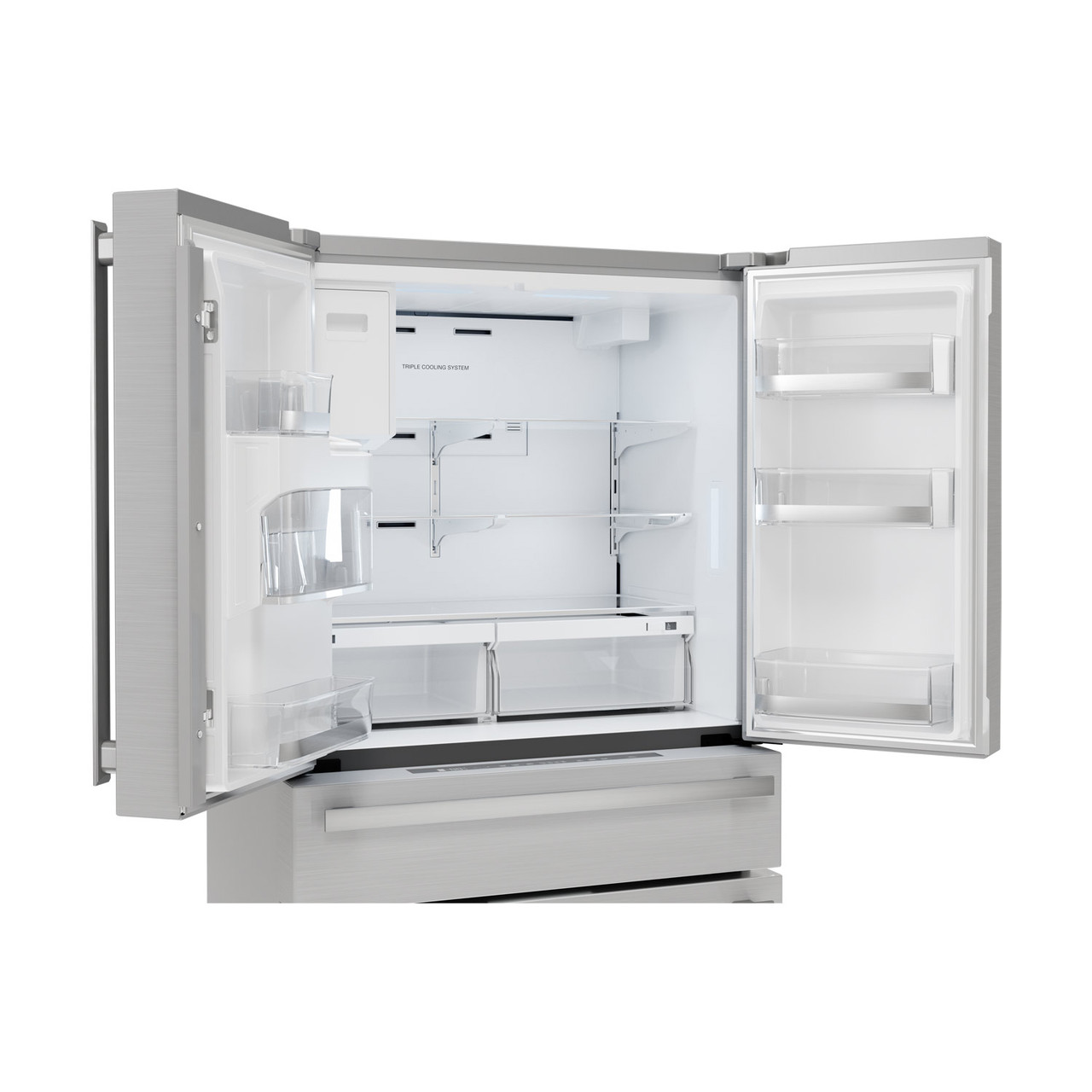 Sharp French 4-Door Counter-Depth Refrigerator with Water Dispenser (SJG2254FS) - right angle view with doors open