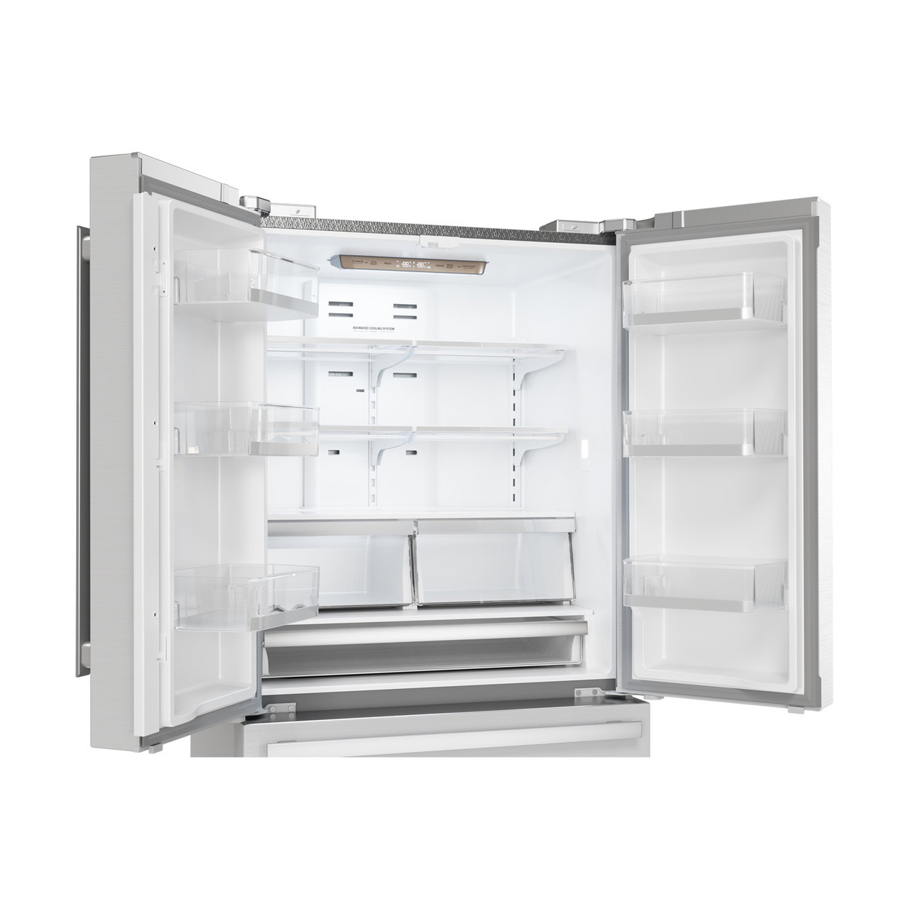 Sharp French 4-Door Counter-Depth Refrigerator (SJG2351FS) – view with doors open right angle