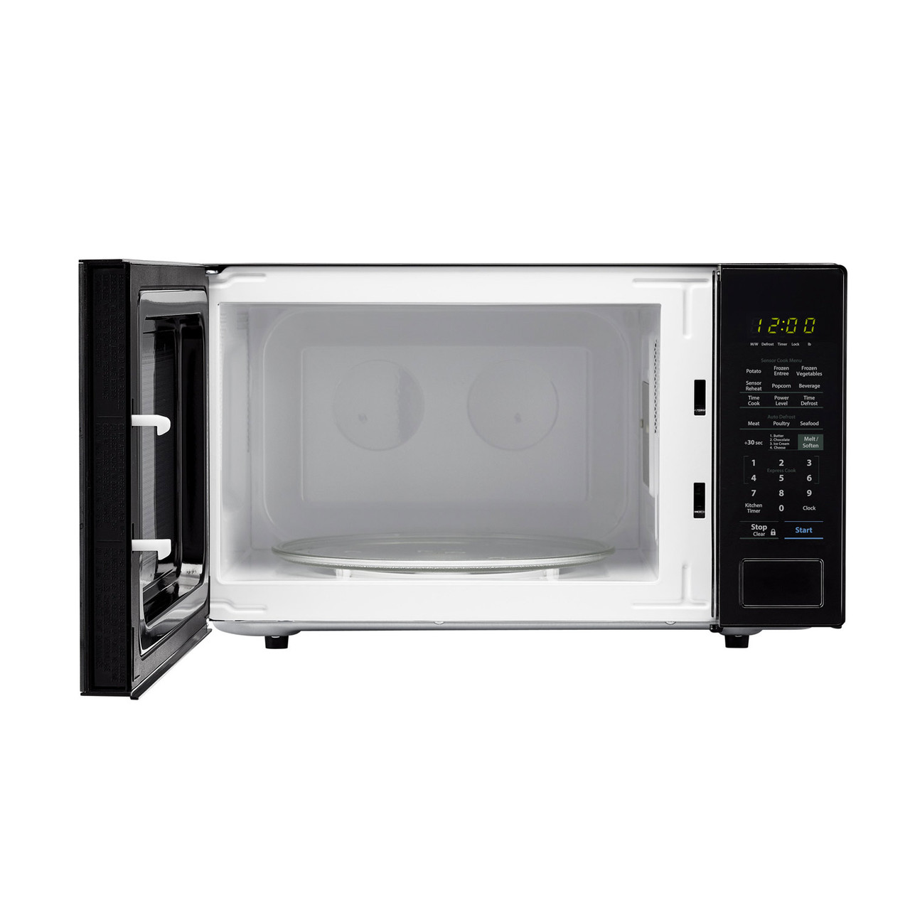 1.4 cu. ft. 1000W Sharp Black Countertop Microwave (SMC1441CB) – front view with door open