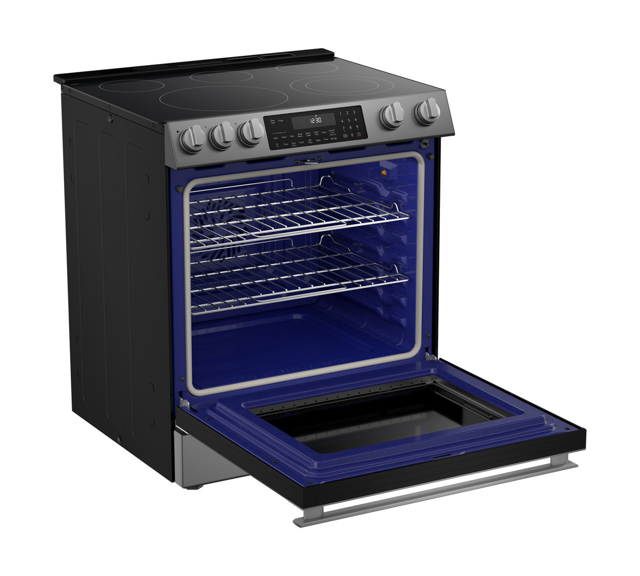 30 in. Electric Convection Slide-In Range with Air Fry (SSR3061JS) right angle open