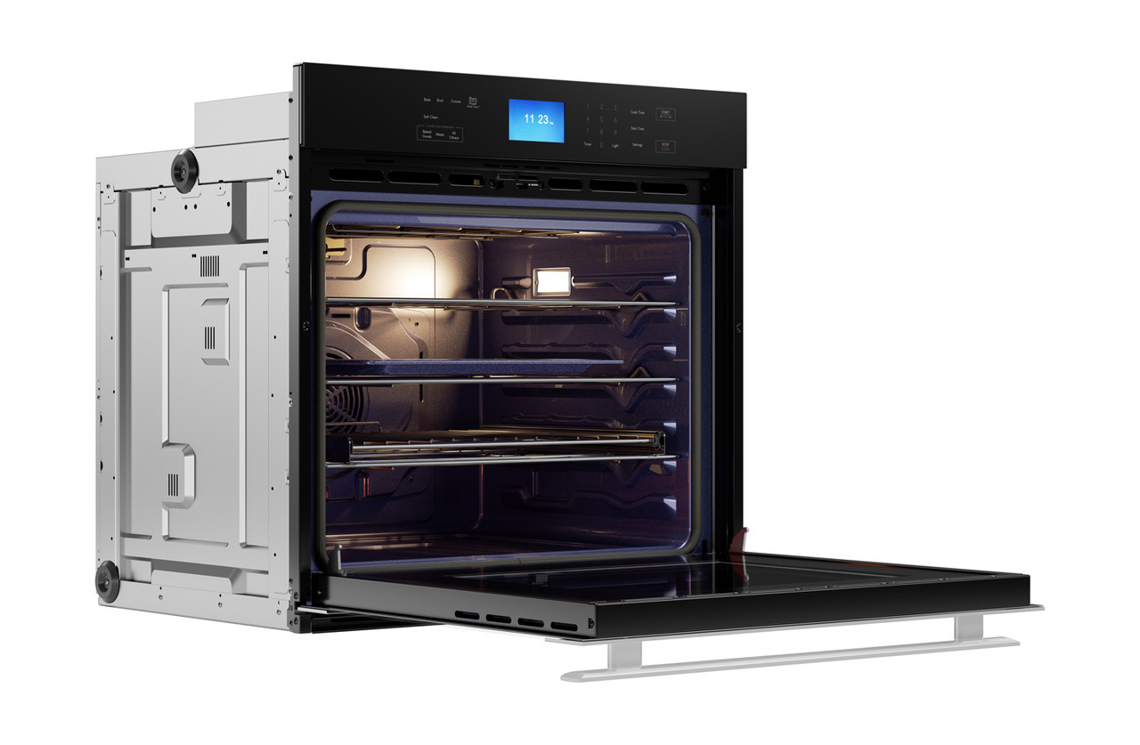 Stainless Steel European Convection Built-In Single Wall Oven (SWA3062GS) Right Angle View, Open