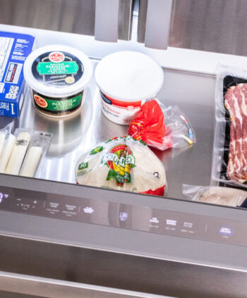 food and ingredients in a fridge drawer