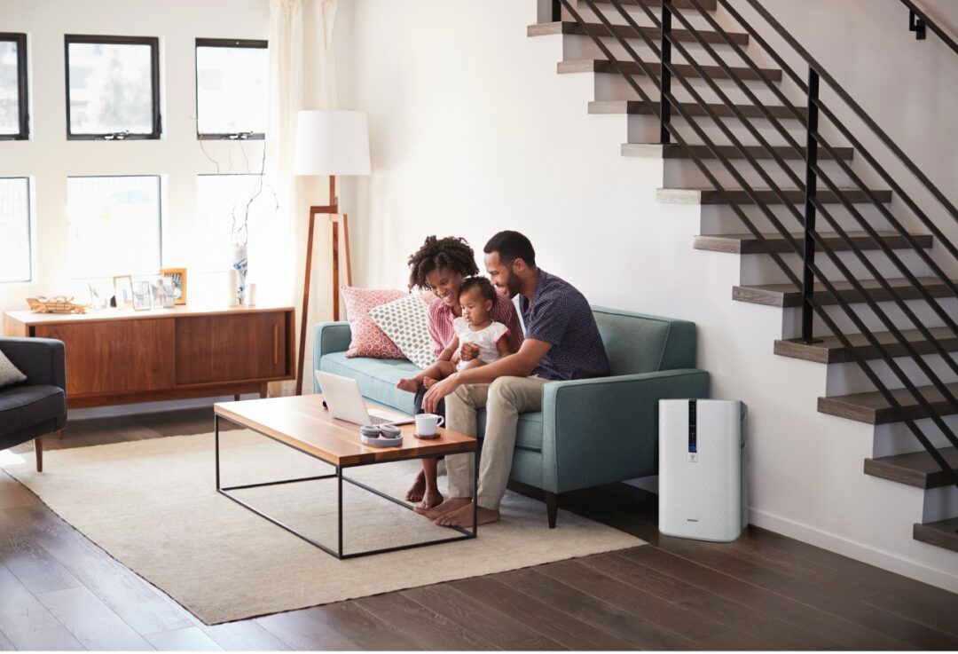 living room with Sharp air purifier