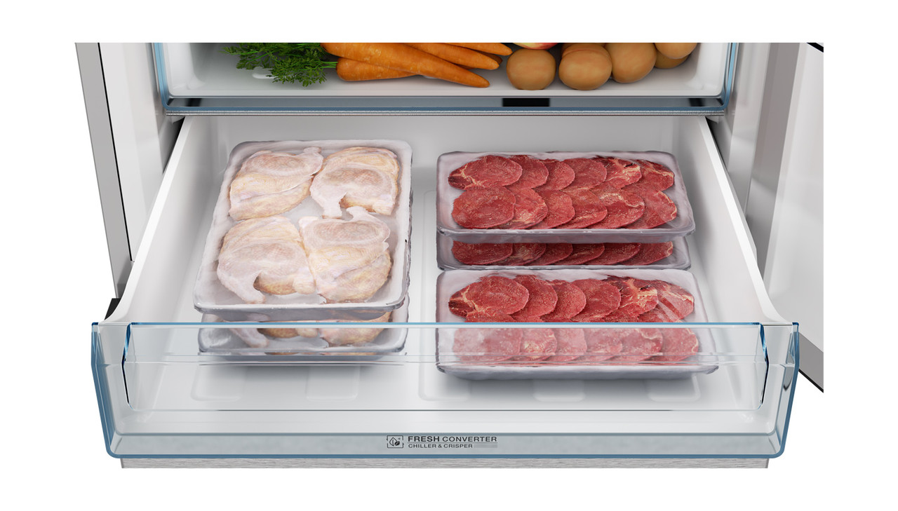 Sharp 24 in. Bottom-Freezer Counter-Depth Refrigerator (SJB1255GS) with food