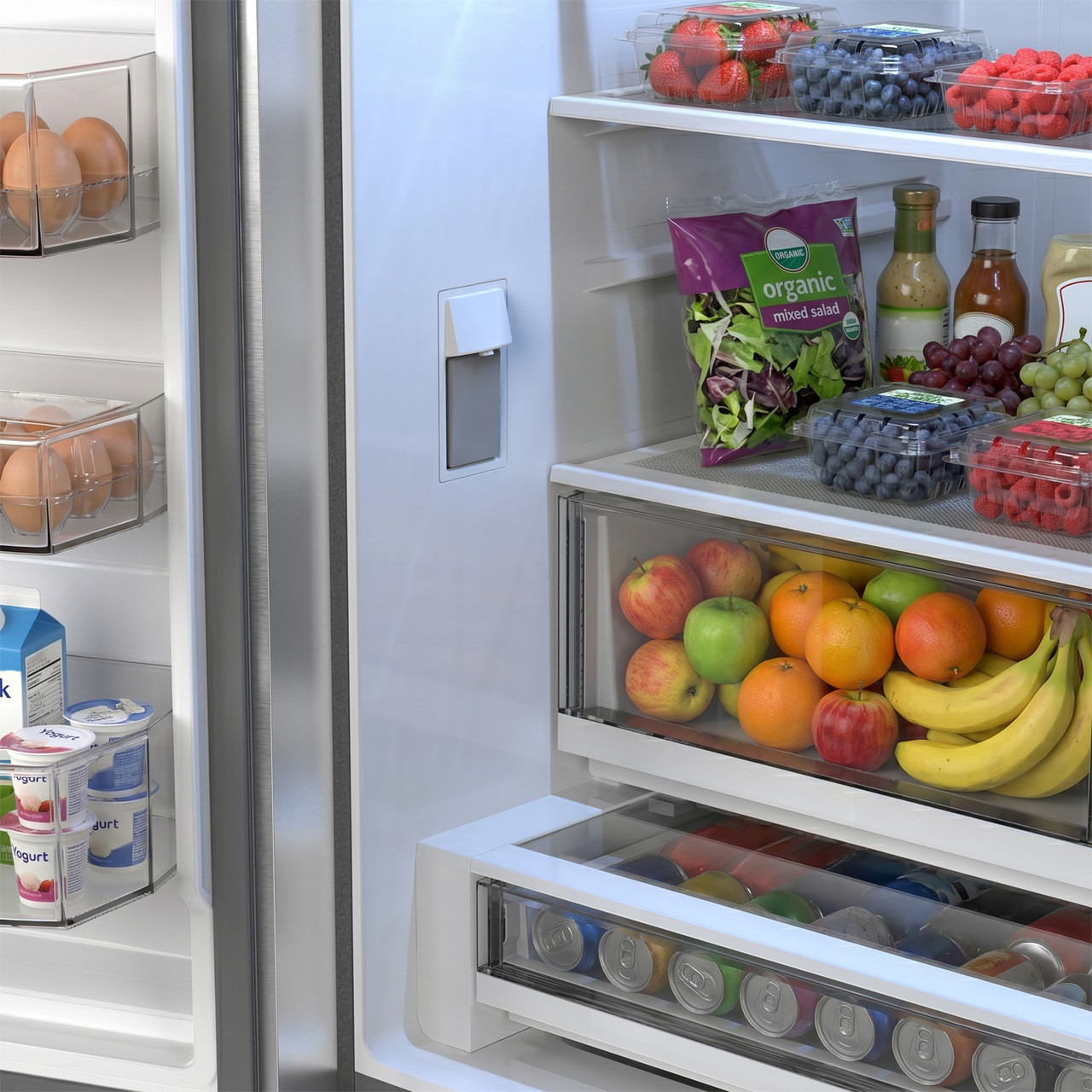 26.5 cu.ft. Counter Depth 36 in. French 3-Door Refrigerator with Internal Water Dispenser in Stainless Steel (SJF2752MS) Water Dispenser with Food