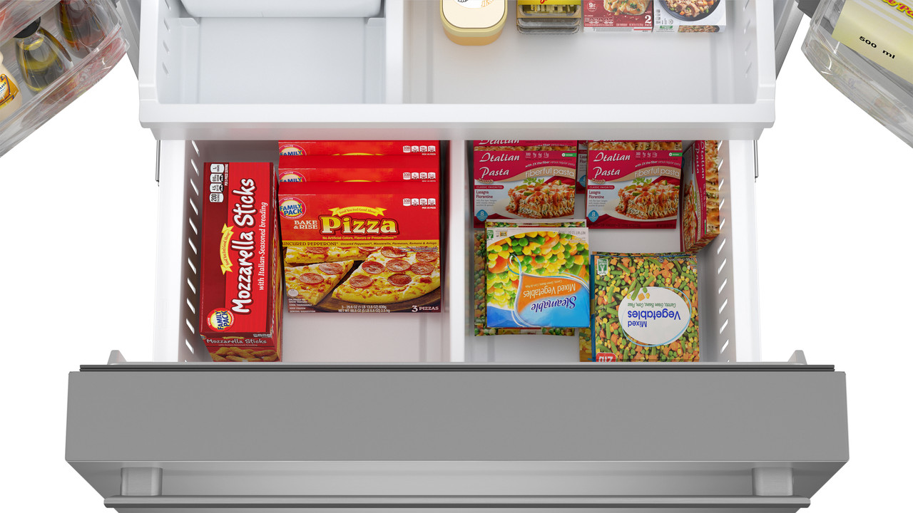 28.9 cu.ft. French 3-Door 36 in. Width Standard Depth Refrigerator with Water Dispenser in Stainless Steel (SJF2955MS) Freezer Bottom Drawer Filled With Food