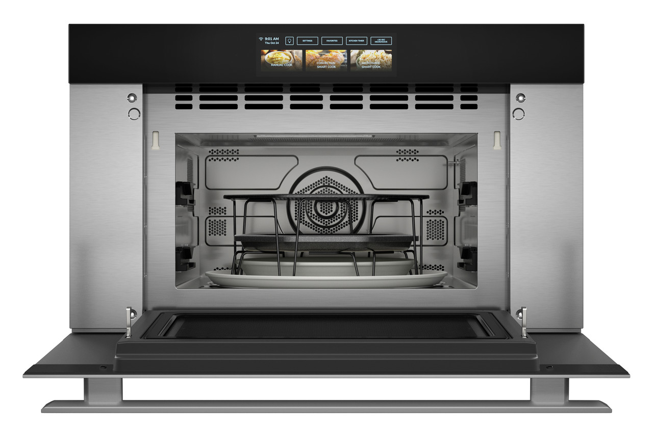 Sharp Celerity™ High-Speed Oven (SWA3099MS) Head on open with rack and roast pan
