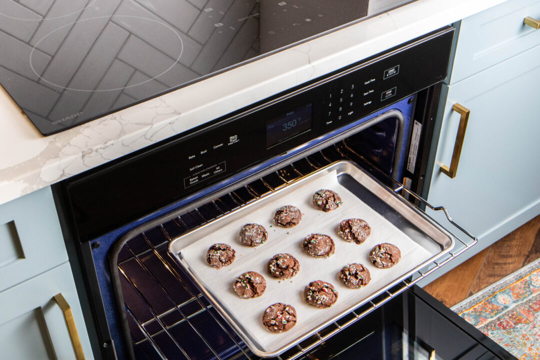 Chocolate peppermint crinkle cookies baking in a Sharp Wall Oven