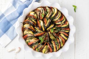Ratatouille dish cooked in a white dish