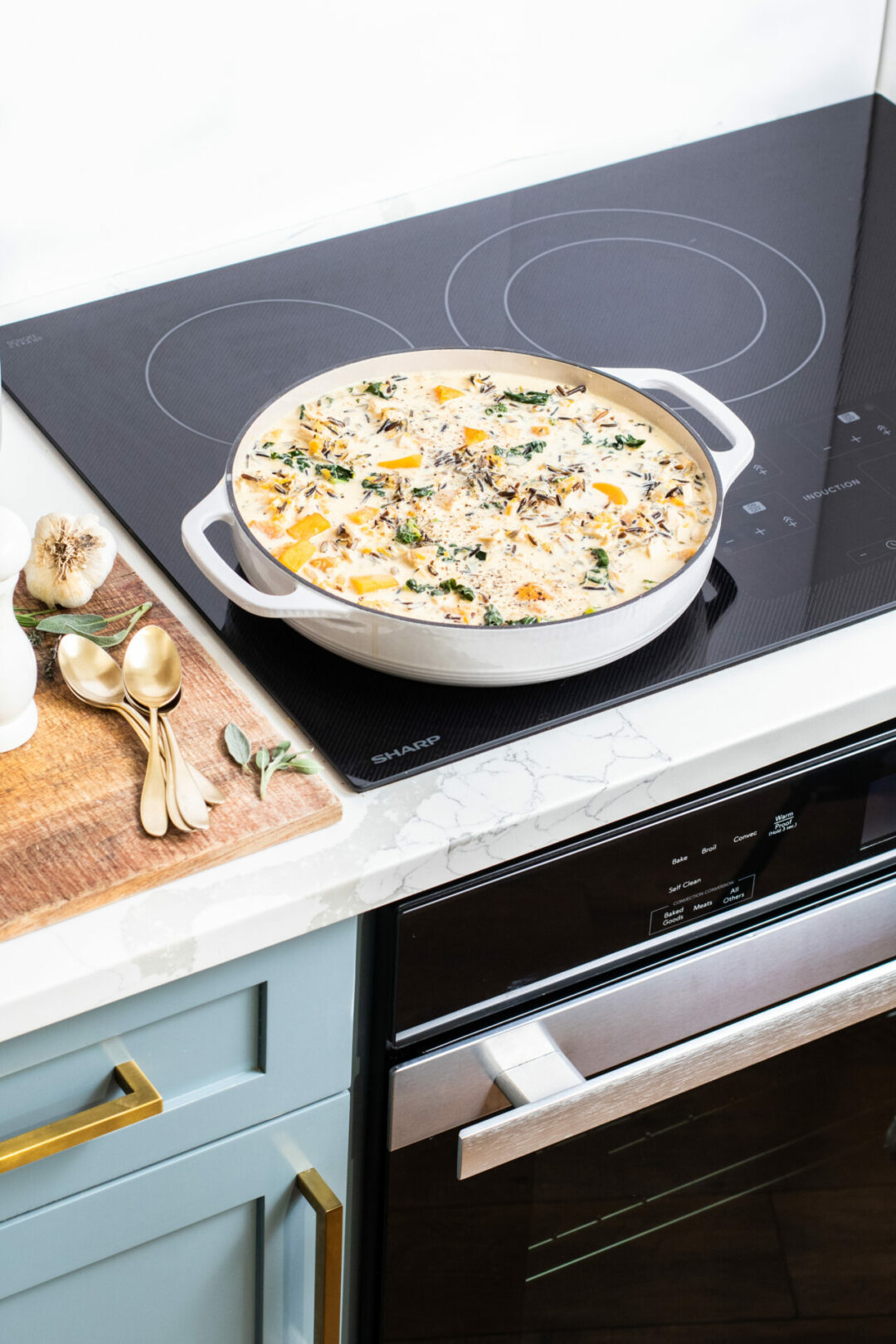Sunkissed Kitchen's Creamy Chicken and Wild Rice Soup on the 30 in. width Induction Cooktop, European Black Mirror Finish Made with Premium SCHOTT Glass (SDH3042DB)