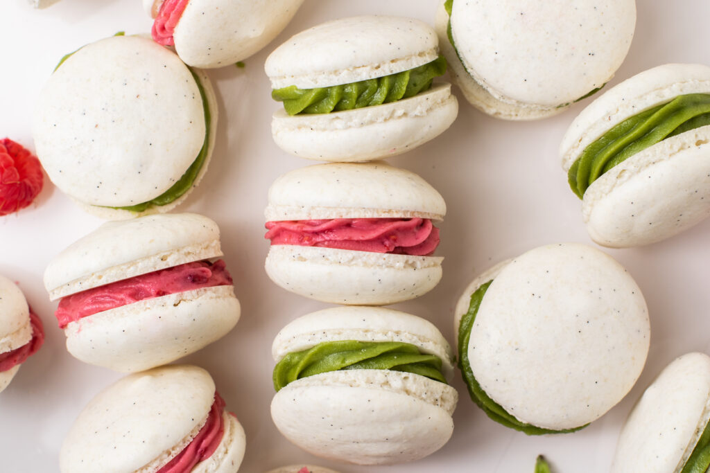Red and Green Macarons plated