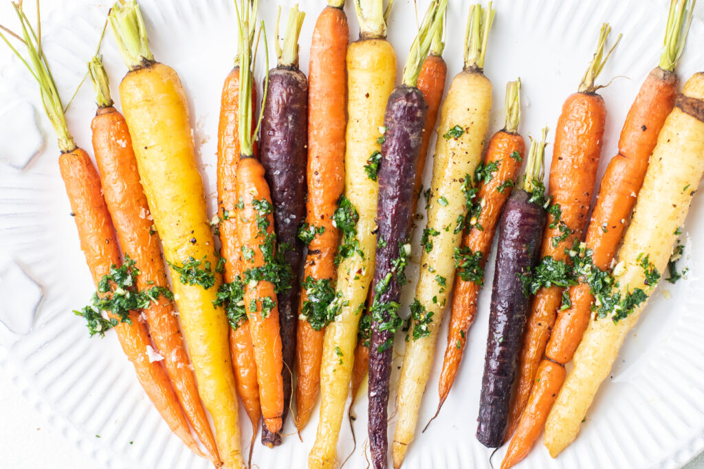 Roasted Rainbow carrots on a serving plate