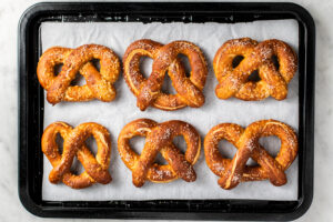 Soft pretzels on a tray