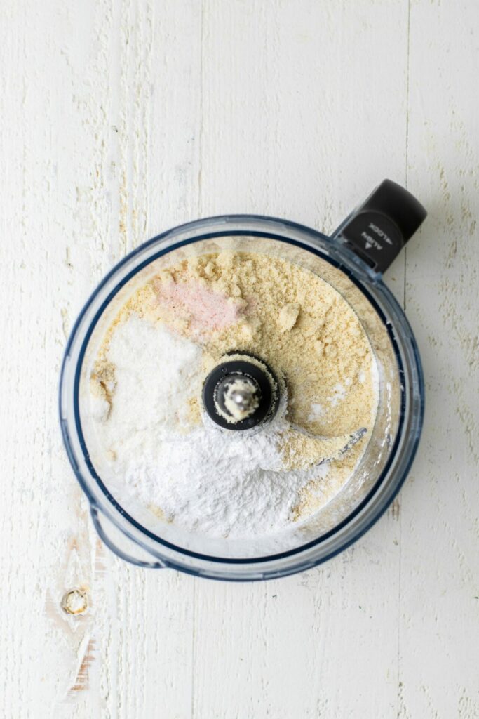 dry ingredients for chicken pot pie crust in a food processor