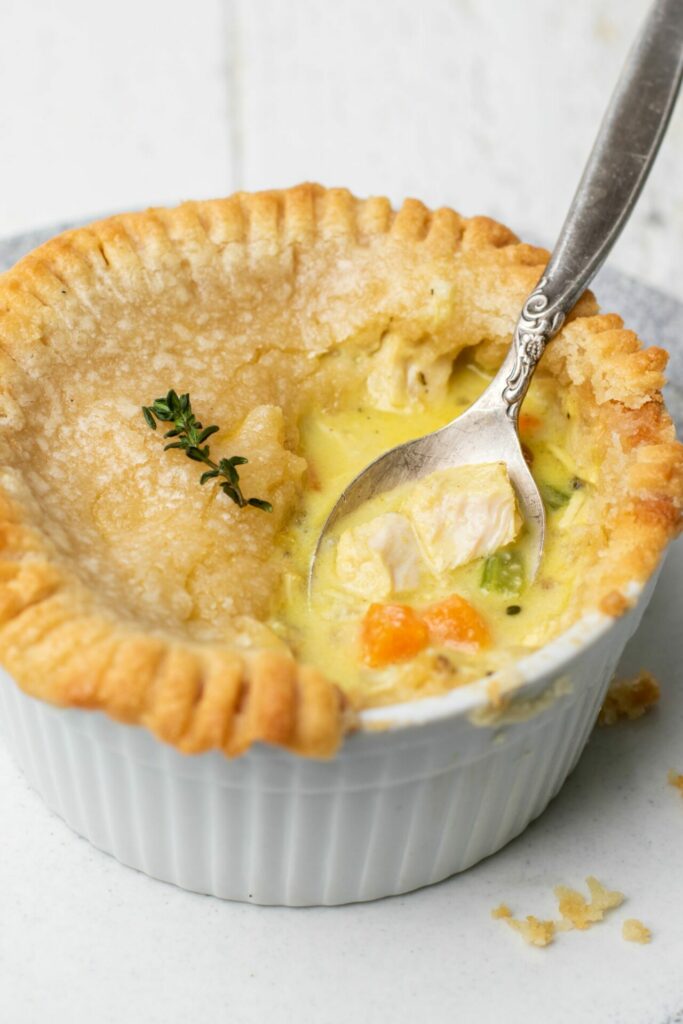baked chicken pot pie with spoon