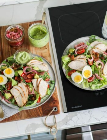 Cobb salads plated on a Sharp Induction Cooktop SCH3042GB