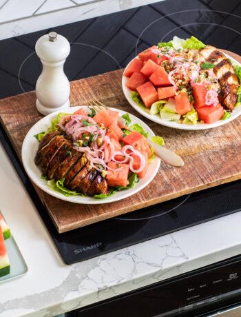 Watermelon Balsamic Chicken Salad plated on a Sharp cooktop
