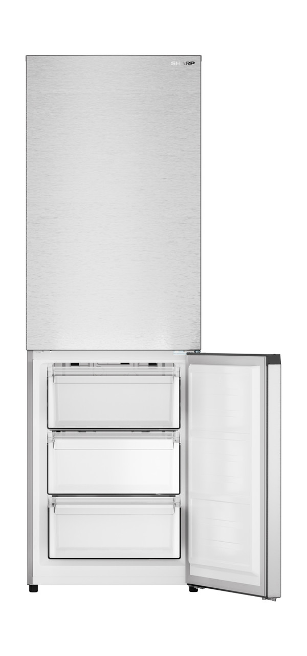 Sharp 24 in. Bottom-Freezer Counter-Depth Refrigerator (SJB1255GS) Head On, Freezer Door Open