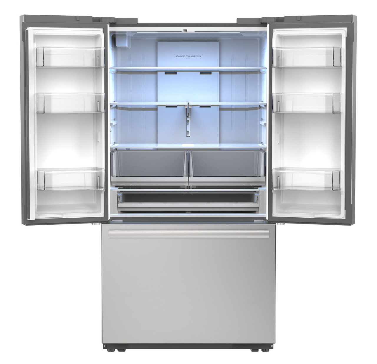 26.5 cu.ft. Counter Depth 36 in. French 3-Door Refrigerator with Internal Water Dispenser in Stainless Steel (SJF2752MS) Head On Open