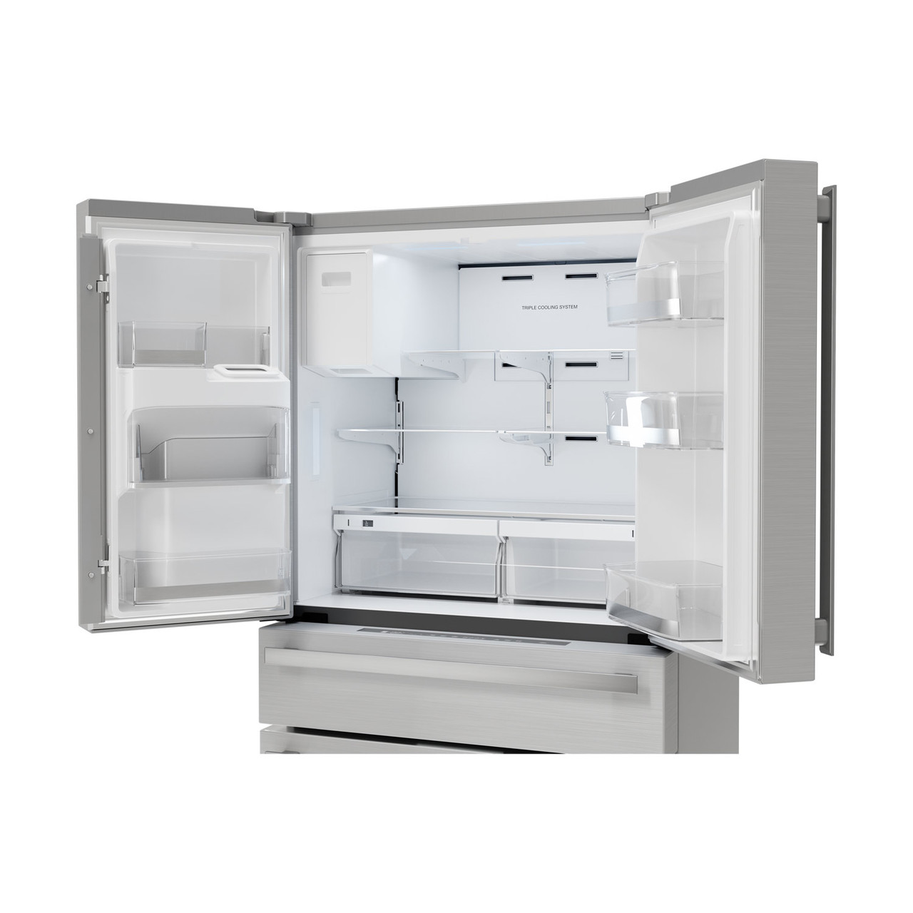 Sharp French 4-Door Counter-Depth Refrigerator with Water Dispenser (SJG2254FS) - left angle view with doors open