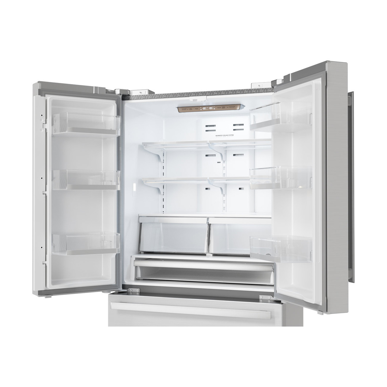 Sharp French 4-Door Counter-Depth Refrigerator (SJG2351FS) – view with doors open left angle