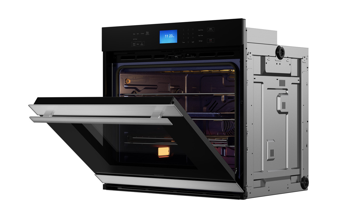 Stainless Steel European Convection Built-In Single Wall Oven (SWA3052DS) Left Angle View, Open