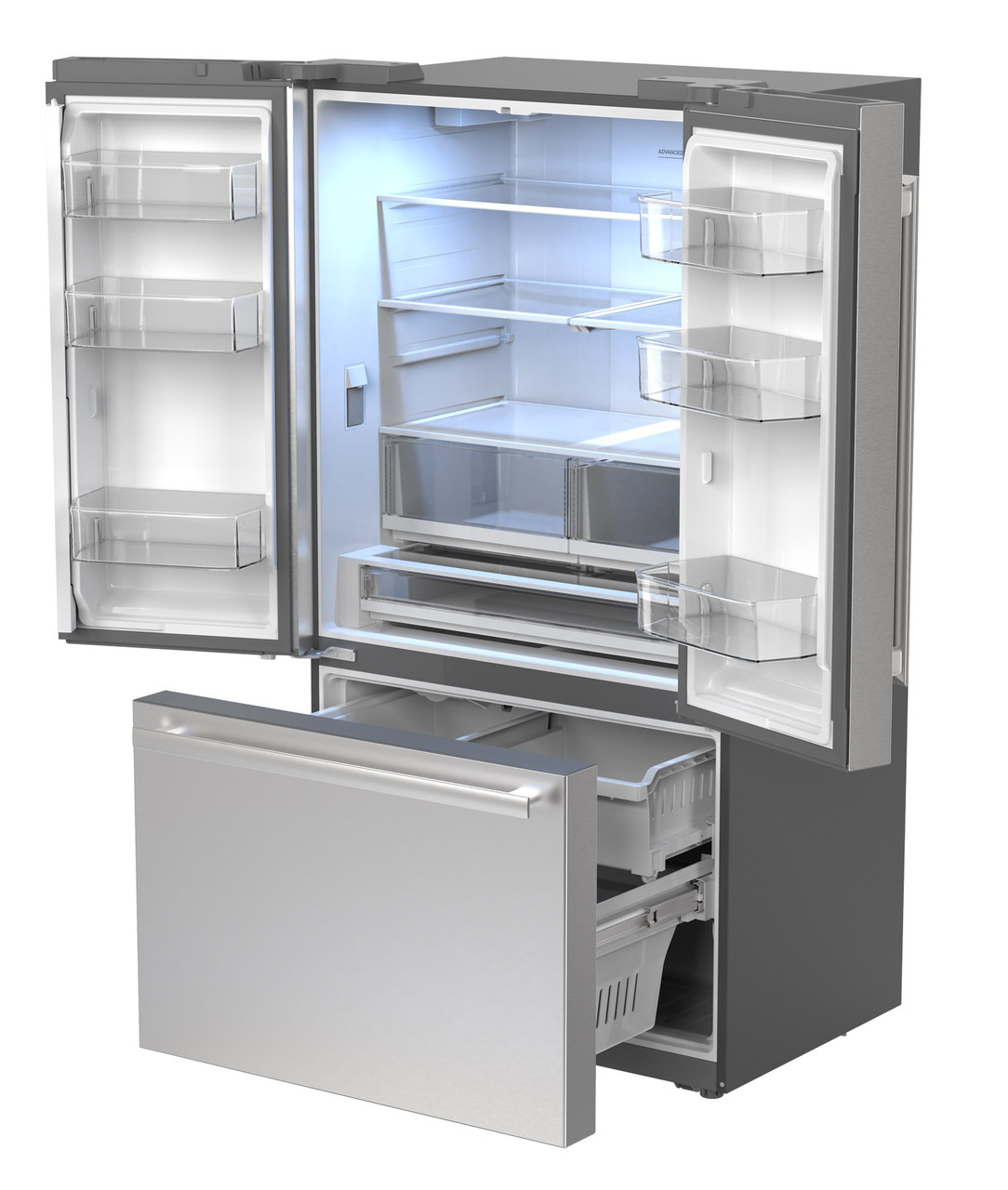 26.5 cu.ft. Counter Depth 36 in. French 3-Door Refrigerator with Internal Water Dispenser in Stainless Steel (SJF2752MS) 3-Quarter Left Opened